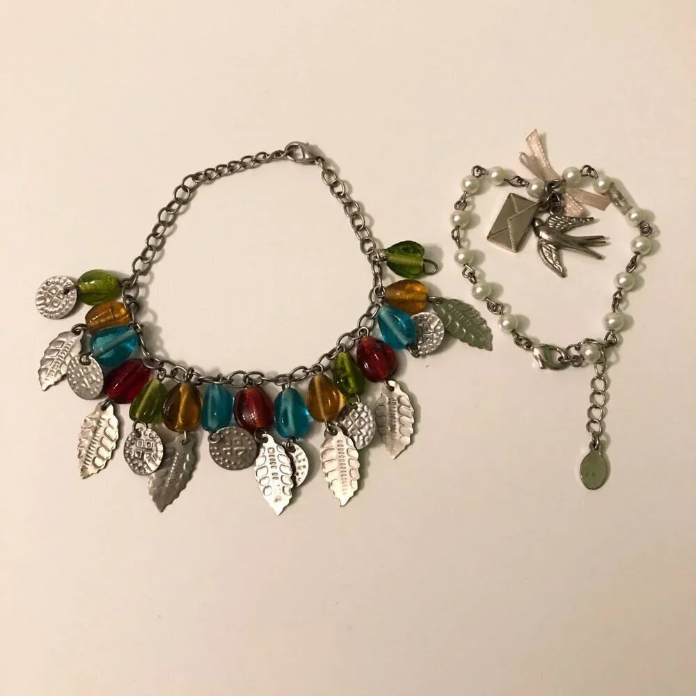 Lot of 2 Bracelets with Charms Leaves Birds Nature Style